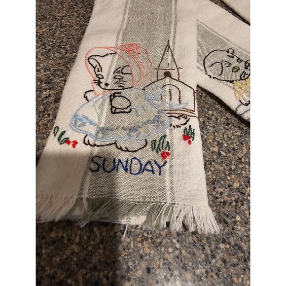 Vintage Pattern Embroidered Tea Towels 7 Days of the Week Hand Made - Picture 1 of 9